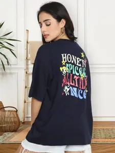 Fabflee Powerpuff Girls Printed Round Neck Drop-Shoulder Sleeves Cotton Oversized T-shirt
