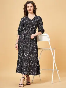 YU by Pantaloons Abstract Printed Puff Sleeve Ruffles Empire Maxi Dress