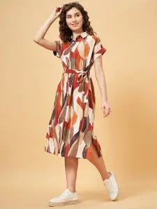 YU by Pantaloons Abstract Printed Extended Sleeves Belted Satin Shirt Style Midi Dress