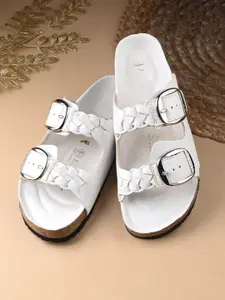 El Paso Textured Buckles Detail Open Toe Flats