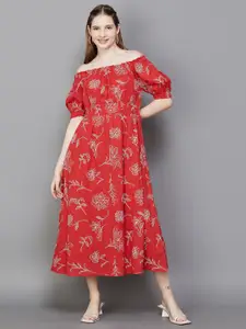 Colour Me by Melange Floral Printed Off-Shoulder Puff Sleeve Fit & Flare Midi Dress
