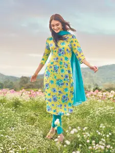 AURELIA Floral Printed Round Neck Pure Cotton Straight Kurta