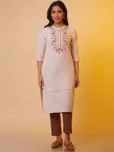 AURELIA Floral Embroidered Band Collar Pure Cotton Kurta