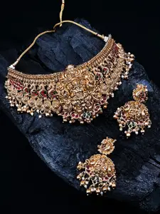 StileAdda Gold-Plated Stone Studded Temple Necklace & Earrings