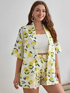 KALINI Women Lemons Print Shawl Collar Shirt & Shorts Co-Ords