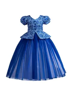 StyleCast Girls Blue Floral Printed Puffed Sleeves Fit & Flare Maxi Dress