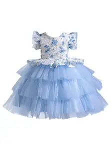 StyleCast Girls Blue Floral Printed Flutter Sleeves Layered Fit & Flare Dress