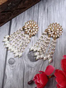 AARSHVI Kundan-Studded Pearl Beaded Contemporary Drop Earrings