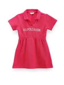 U.S. Polo Assn. Kids Girls Typography Printed Shirt Collar Pure Cotton A-Line Dress