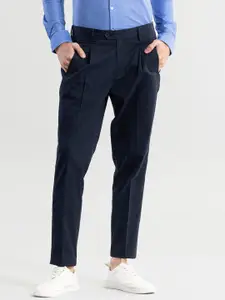 Snitch Men Navy Blue Smart Slim Fit Cotton Trousers