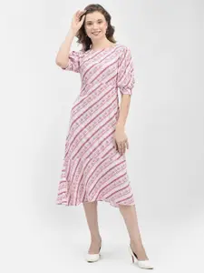 Crimsoune Club Striped Puff Sleeves A-Line Midi Dress