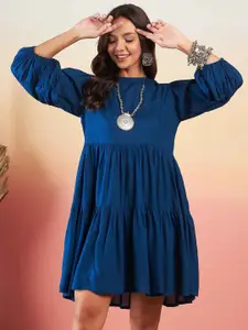 InWeave Puff Sleeves Tiered Fit & Flare Dress