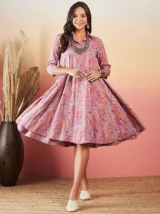 InWeave Floral Printed Shirt Collar Fit & Flare Dress