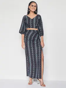 Global Desi Geometric Printed Puff Sleeves Crop Top With Skirt