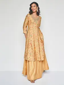 Global Desi Floral Printed Thread Work Kurta With Skirt