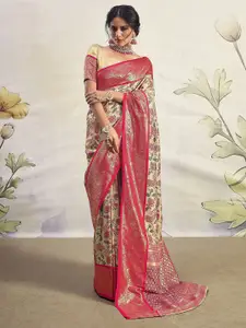 Mitera Gold-Toned & Pink Floral Woven Design Zari Jacquard Art Silk Banarasi Saree