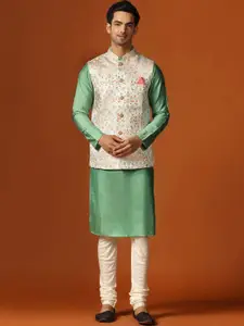 KISAH Mandarin Collar Long Sleeves Regular Kurta With Churidar & Jacket