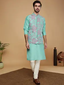 KISAH Geometric Embroidered Mandarin Collar Dupion Silk Kurta with Churidar & Nehru jacket