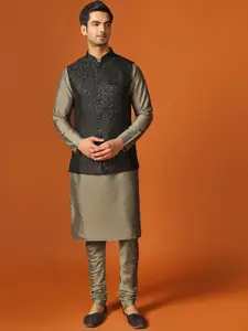 KISAH Men Textured Regular Fit Sequinned Kurta Jacket Churidar Set