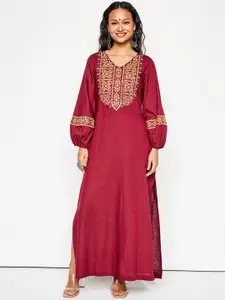 Global Desi Ethnic Motif Embroidered V-Neck Puff Sleeves A-Line Maxi Ethnic Dress
