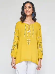 Global Desi Geometric Embroidered Tie-Up Neck Top