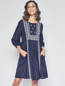 Global Desi Ethnic Motif Embroidered A-Line Ethnic Dress