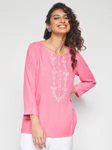 Global Desi Floral Embroidered A-Line Top