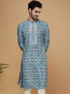 KISAH Men Geometric Printed Mirror Work Straight Jacquard Kurta