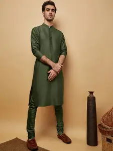 KISAH Mandarin Collar Long Sleeves Cotton Silk Straight Kurta