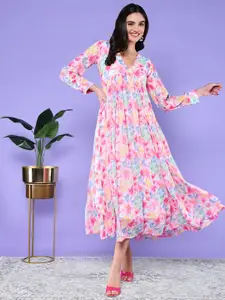 BAESD Floral Print Flared Sleeve Chiffon A-Line Midi Dress