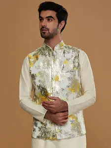 KISAH Men Floral Jacquard Woven Design Nehru Jacket