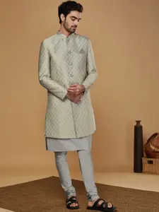 KISAH Men Self-Design Mandarin Collar Kurta Indowestern Sherwani Churidar Set