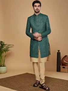 KISAH Men Floral Self Design Kurta & Churidar With Indowestern Sherwani Set