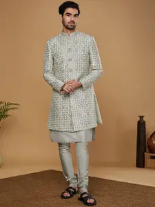 KISAH Men Printed Chanderi Silk Kurta With Indowestern Sherwani And Churidar