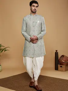 KISAH Men Self-Design Mandarin Collar Kurta Indowestern Sherwani Dhoti Set