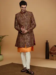 KISAH Men Self-Design Mandarin Collar Kurta Indowestern Sherwani Trouser Set