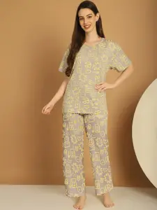 Kanvin Brown Geometric Printed Pure Cotton Night Suit