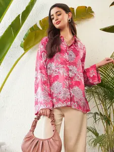 SASSAFRAS Pink Floral Printed Oversized Satin Casual Shirt