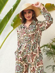 SASSAFRAS Beige Ethnic Motif Printed Georgette Casual Shirt