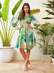SASSAFRAS Green Tropical Printed Puff Sleeves Chiffon Fit & Flare Dress