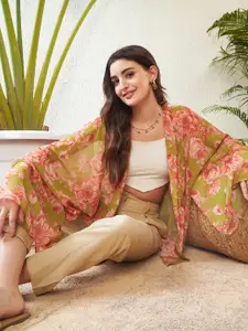 SASSAFRAS Green Floral Printed Kimono Shrug