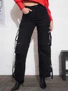 SASSAFRAS Women Straight Fit High-Rise Clean Look Pure Cotton Cargo Jeans