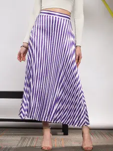 SASSAFRAS Striped Satin Accordion Pleated Maxi Flared Skirt