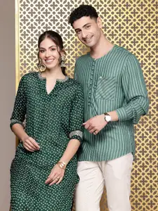 House of Pataudi Round Neck Striped Rozana Short Kurta