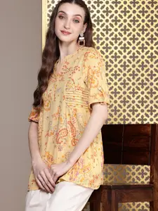 House of Pataudi Floral Printed Pure Cotton Pleated Kurti