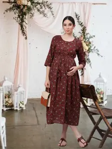 Nayo Floral Printed Cotton Maternity Fit & Flare Midi Dress