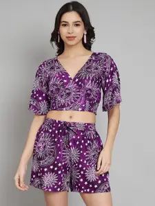 VELDRESS V-Neck Printed Crop Top And Shorts