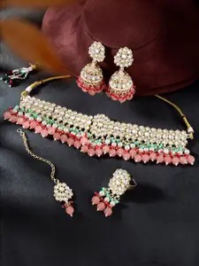 Peora Gold-Plated Kundan Studded & Beaded Necklace and Earrings