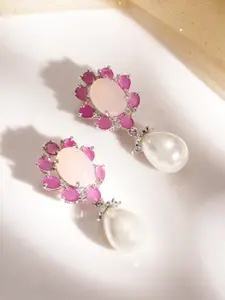 Rubans Rhodium-Plated Pastel Pink & Dark Pink Gemstone with White Pearl Drop Earrings