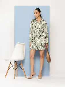 Chemistry Printed Satin Finish Front Bow Shirt Dress